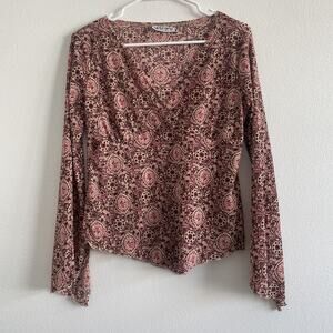 Vintage Y2K Self Esteem Top Women L Floral Baby Doll Flared Sleeve Sheer V Neck